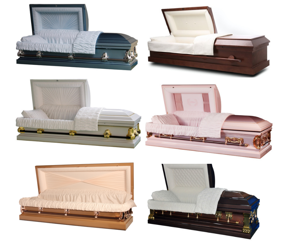 image of 3 caskets in the colors mahogany, lilac, rose pink, cedar, blue, and black | Cheapest casket | Overnight Caskets