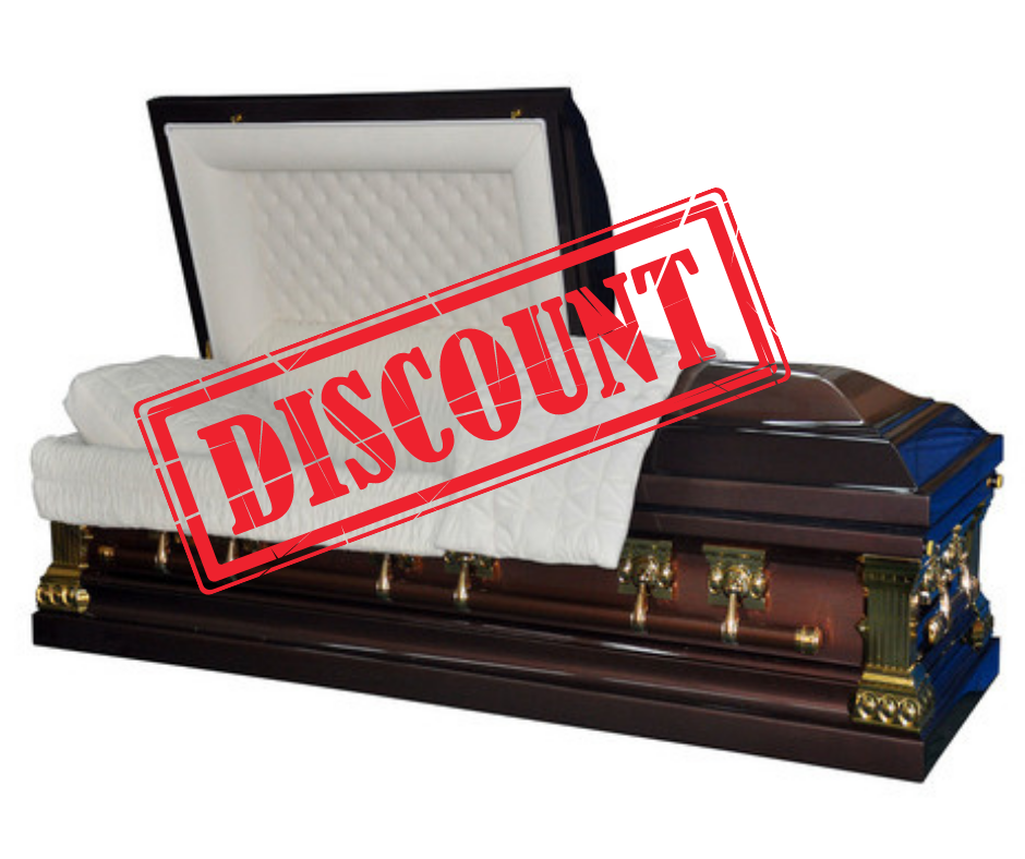 photo of a mahogany casket with a "discount" red stamp over it | Cheapest casket | Overnight Caskets